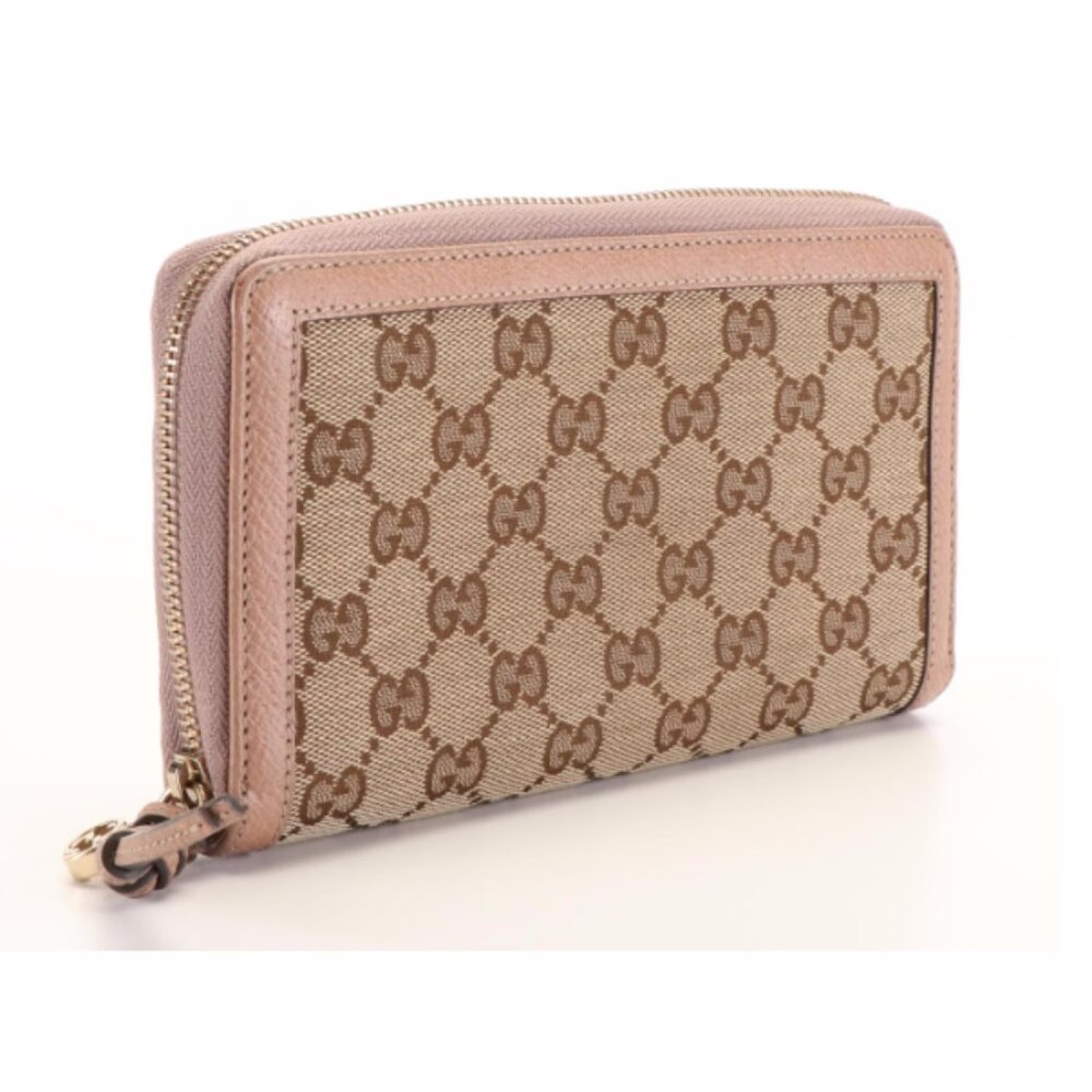 GUCCI Zip Around Wallet in Mauve Pink Leather Trimmed Beige GG Canvas | Women - Picture 2 of 11